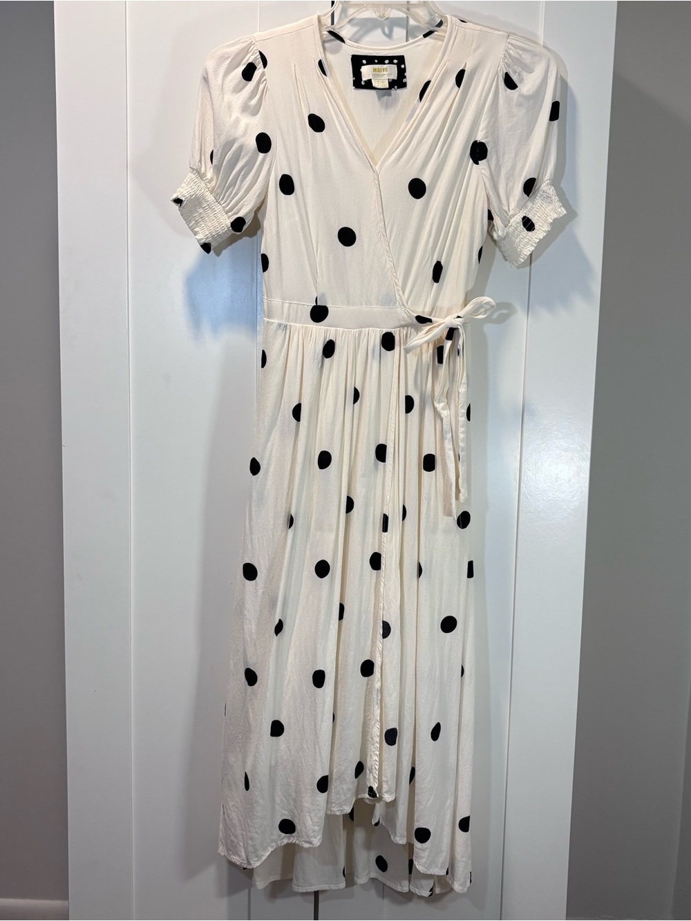 Maeve Anthropologie Dress 6 Ivory Black Polka Dot Wrap Midi Puff Sleeve